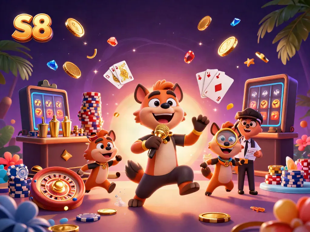 Hyenas celebrate gambling at S8 casino club with golden coins and vibrant colors.