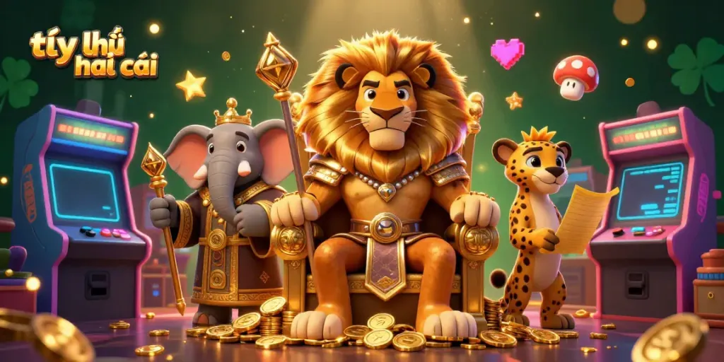 Bet on tỷ lệ nhà cái with the majestic lion king amidst a vibrant casino scene.