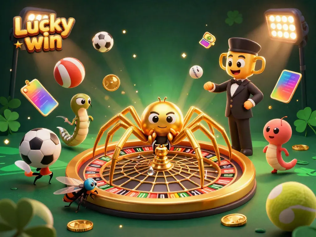 Experience the thrill of the Lucky win casino with a cartoon golden spider and centipede croupier in an energetic gambling scene.