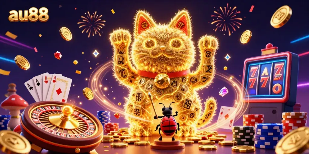 Experience the captivating world of au88 casino with a vibrant scene featuring a lucky cat and dynamic casino elements.