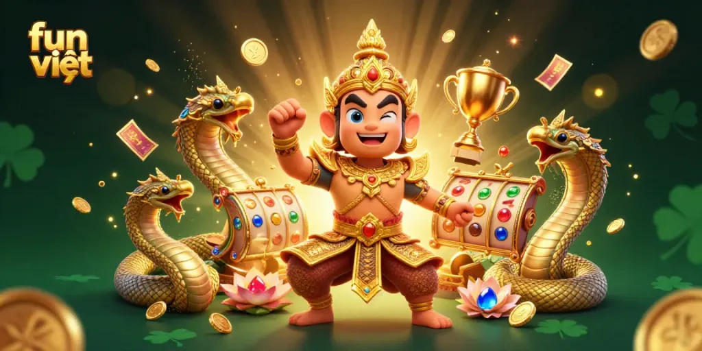 Experience fun việt in this vibrant casino illustration filled with characters and gold elements.