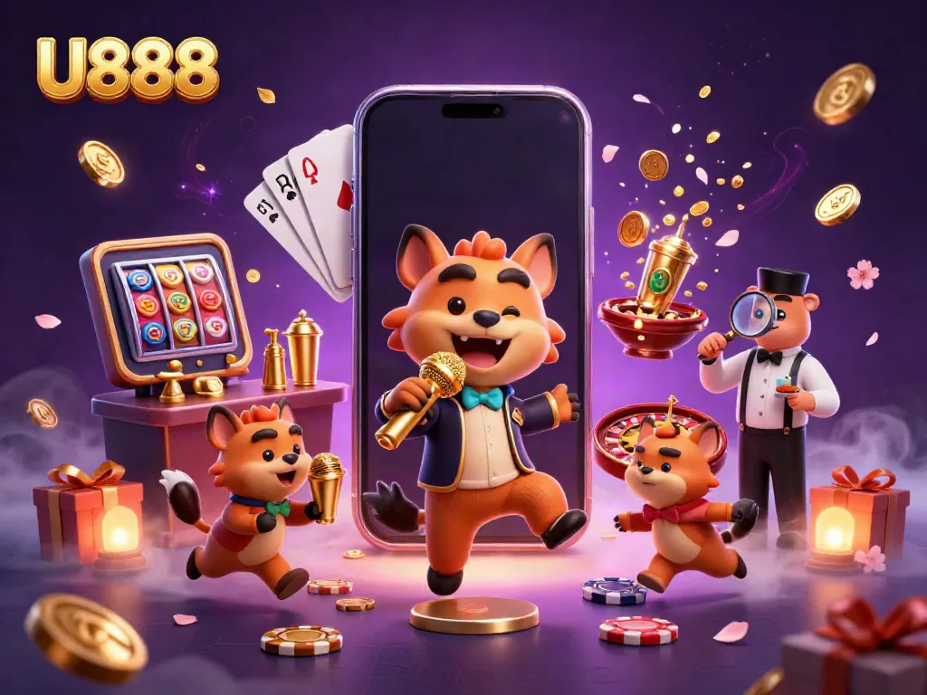 Hyenas entertain in a casino setting, showcasing U888 with vibrant gaming elements for a lively atmosphere.