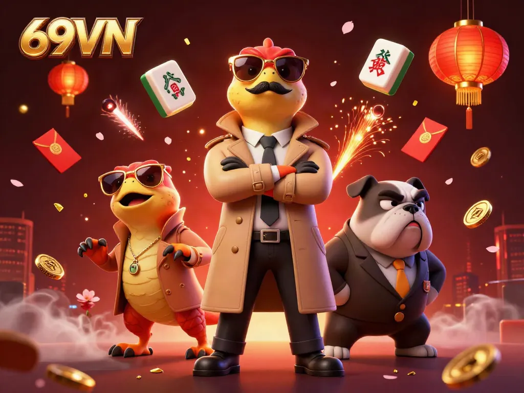 Engage in thrilling gaming at 69VN, showcasing raptors in a trench coat at a vibrant casino scene.