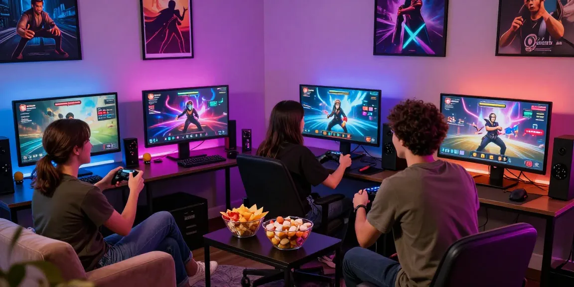 Engaging scene of friends playing a porno game on vibrant gaming setup.