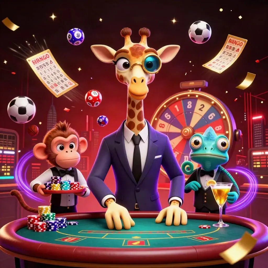 High-roller giraffe, monkey valet and chameleon bartender amid neon casino effects and flying game props