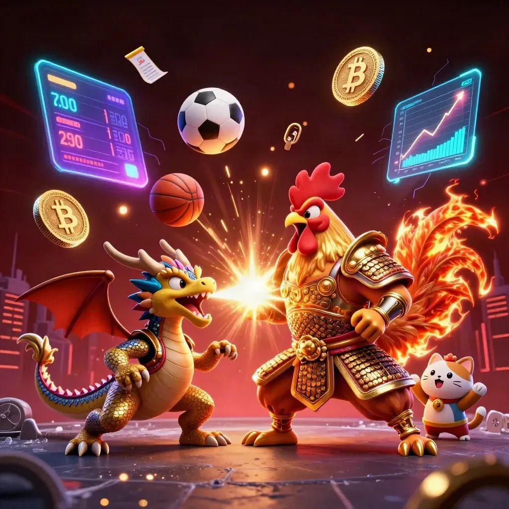 Rooster warrior, dragon hatchling and fortune-cat amid balls, coins and neon casino lights.