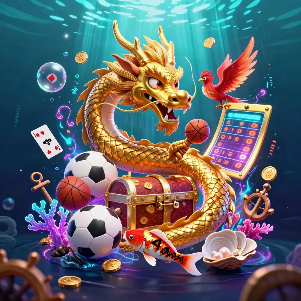 Golden dragon and phoenix amid treasure, coins, coral, balls, and neon underwater glow.