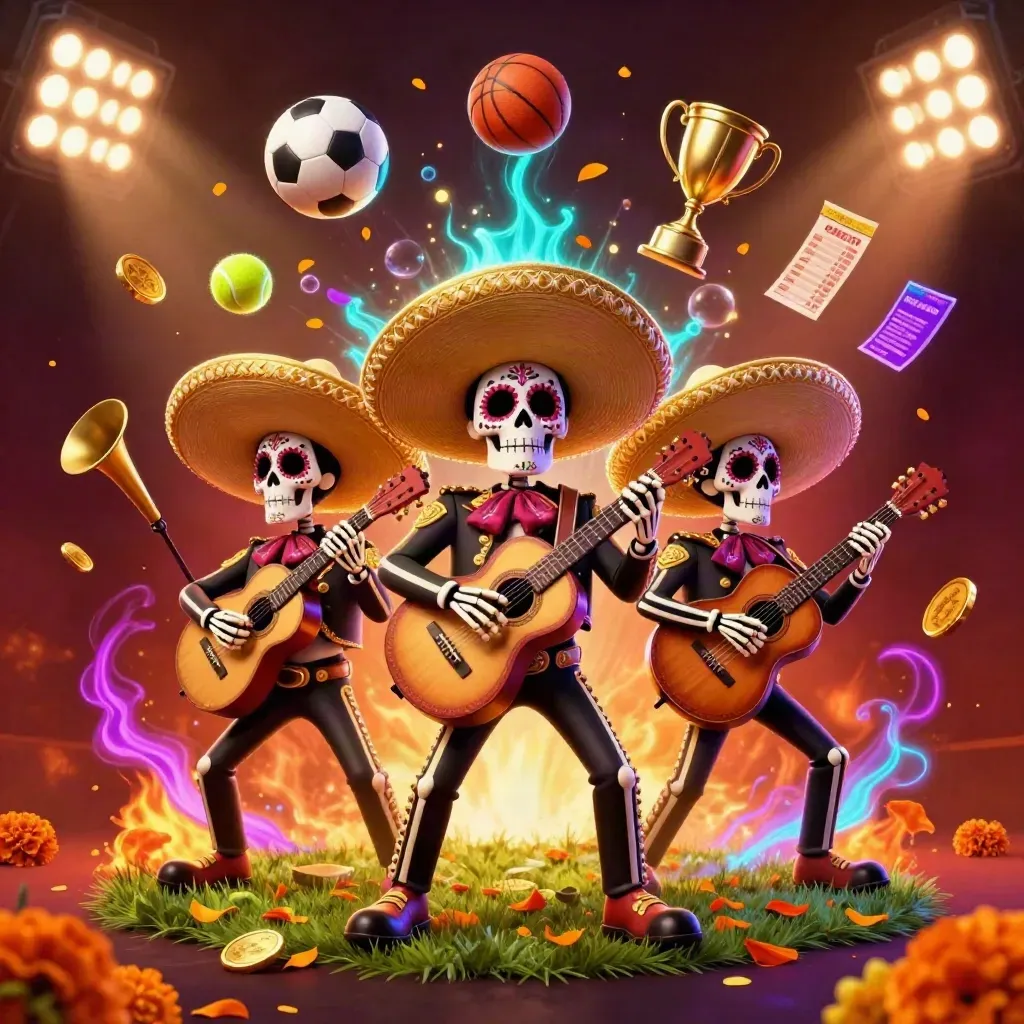Skeleton mariachi trio amid flying sports balls, coins, trophy, and neon stadium light