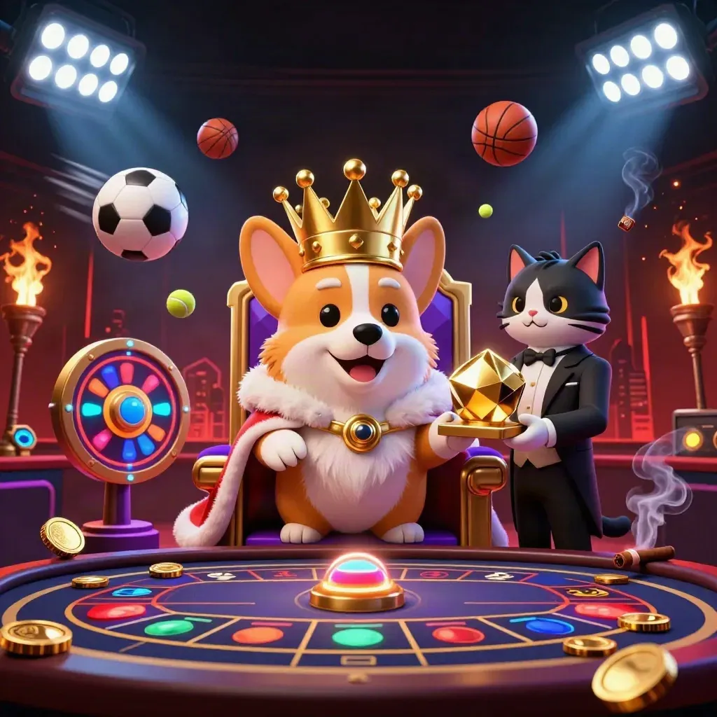 Royal corgi king and cat butler amid neon casino chaos, sports balls, trophy, roulette spin, and gold light.
