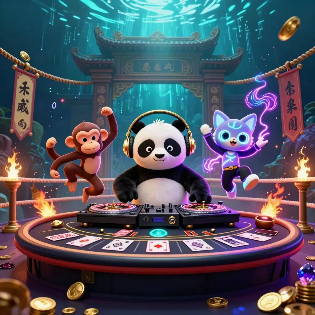 DJ panda, monkey, and glow-kitten in a neon casino fantasy with gold and violet lights