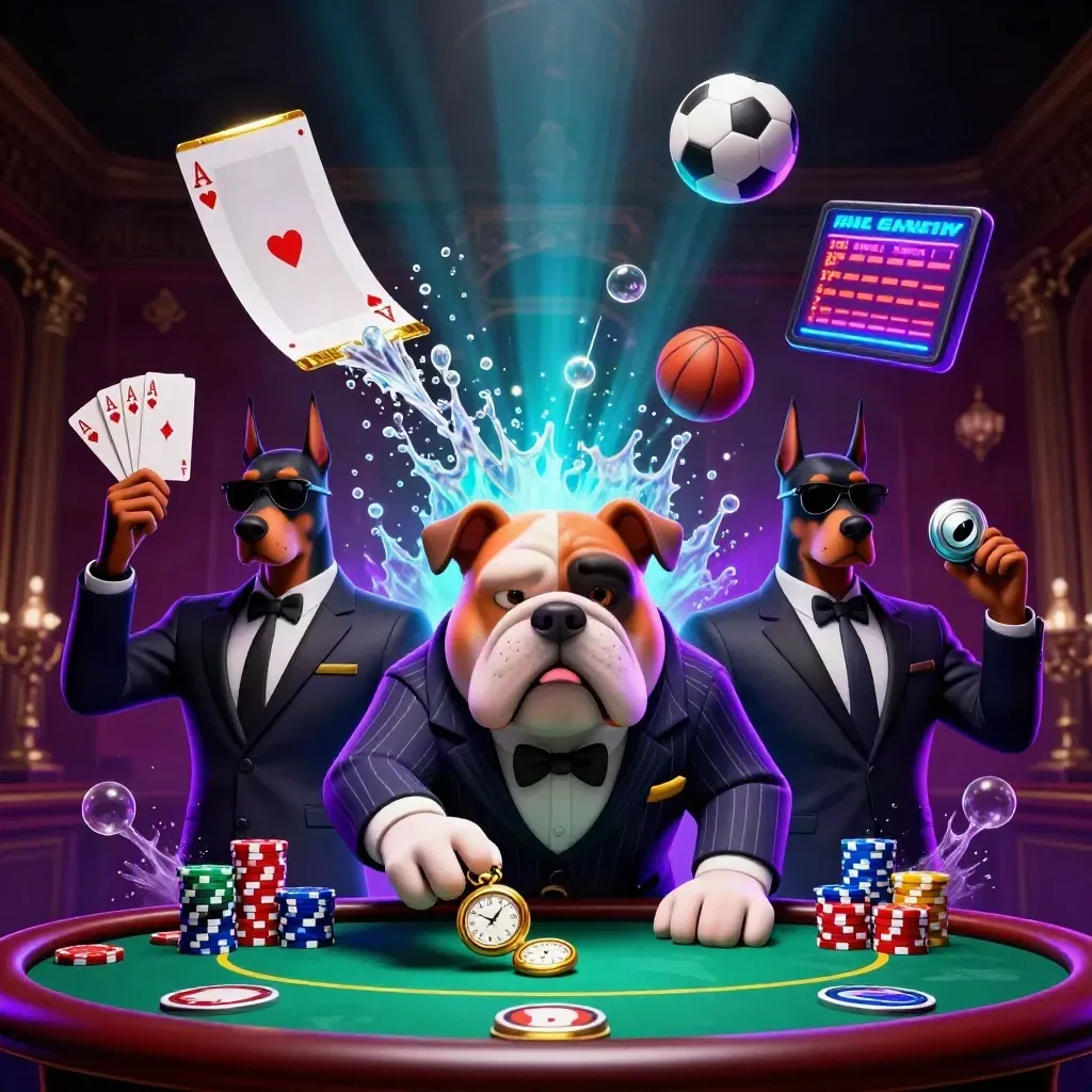 Bulldog boss and Doberman bodyguards amid flying chips, cards, balls, and neon casino glow.