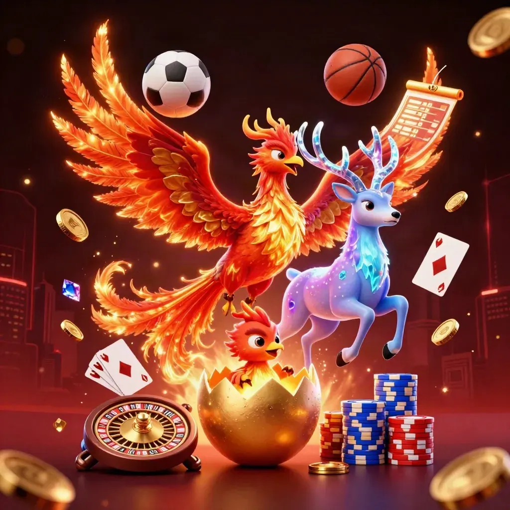 Phoenix, stag, and casino chips explode in neon light over a dark red-black skyline.