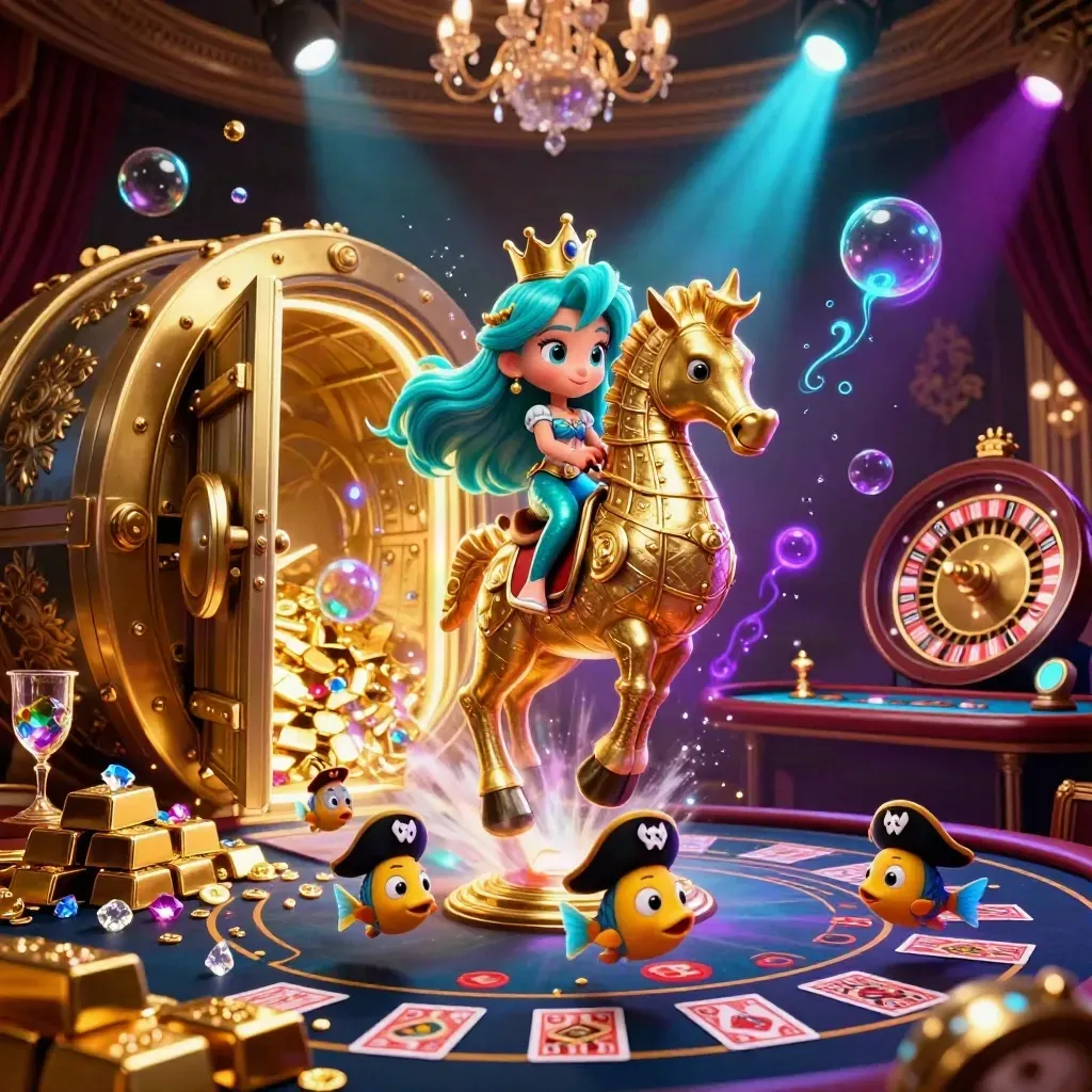 Turquoise-haired mermaid princess on a golden seahorse in a glowing casino treasure vault.