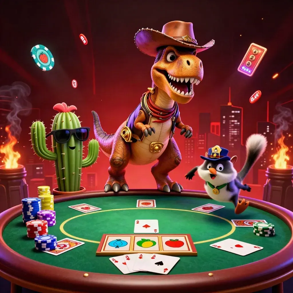 Cartoon T-Rex cowboy, cactus, and roadrunner in a neon casino poker burst.