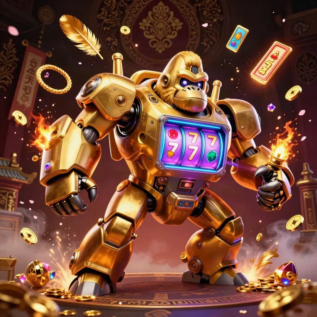 Golden gorilla mech and tiny monkey pilot burst through treasure amid neon casino fantasy.