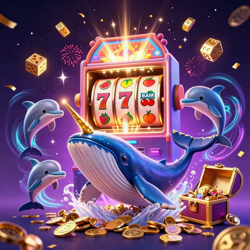 Whale captain, narwhal, dolphins, coins, slot burst, gems, neon casino fantasy