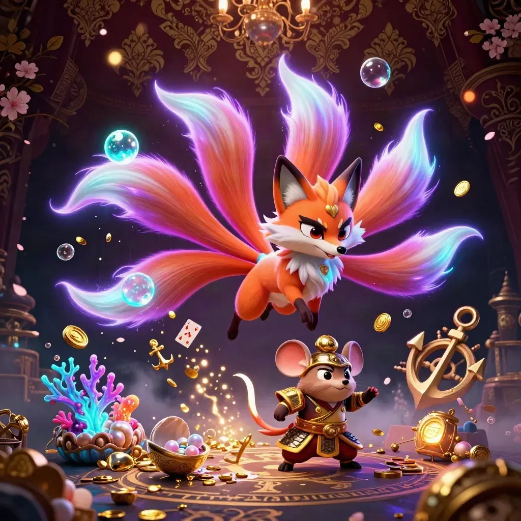 Neon fox spirit and samurai mouse amid a treasure cove with coins, coral, and glowing runes.