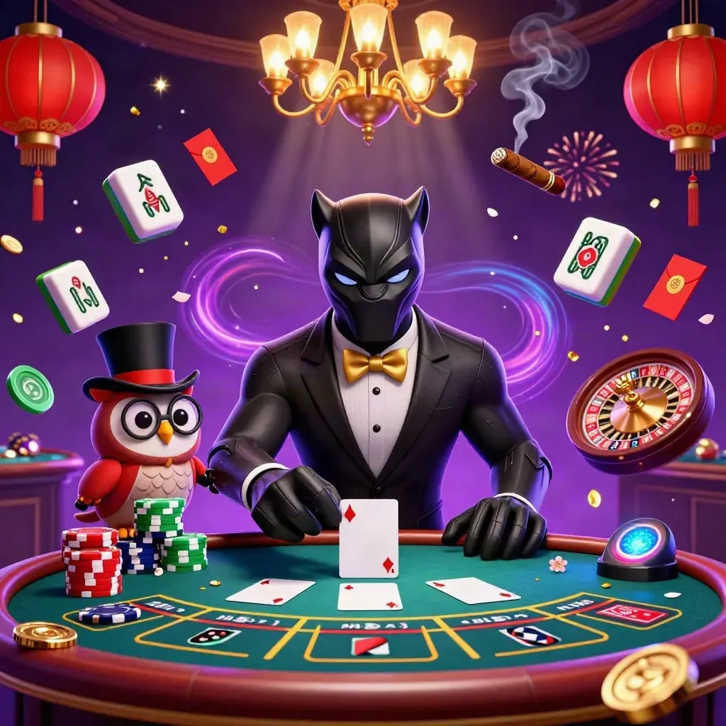 Black panther, owl, and mouse in a neon casino room with chips, lanterns, and fireworks.