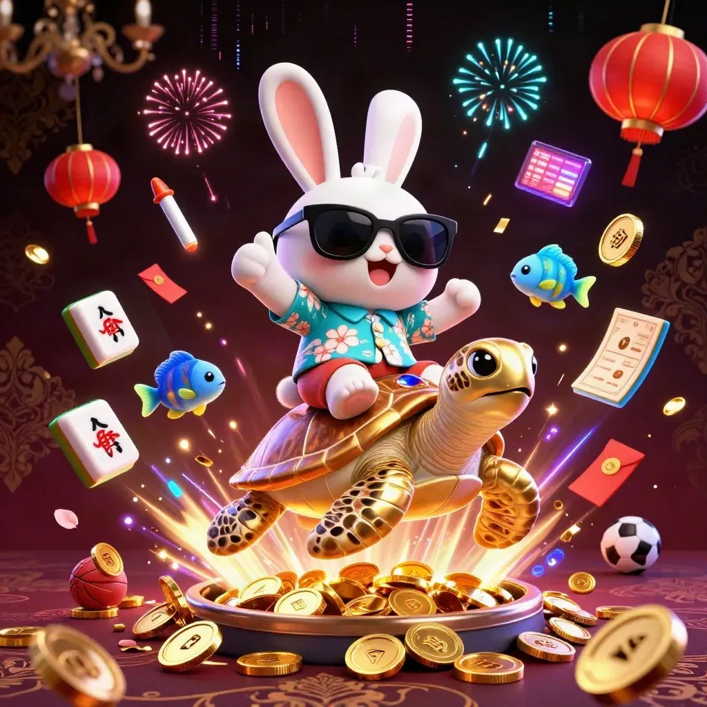 Rabbit on golden sea turtle with coins, lanterns, fireworks, and casino energy