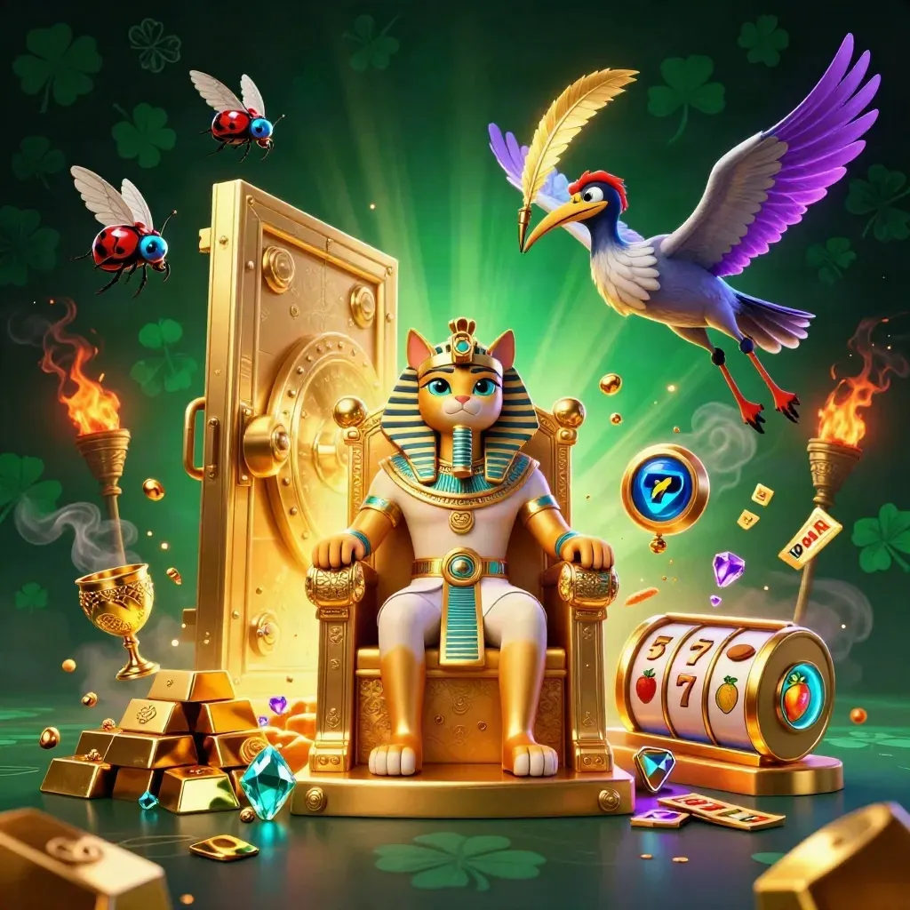 Pharaoh cat, ibis scribe, and gem-wing scarabs amid a treasure burst and casino glow.