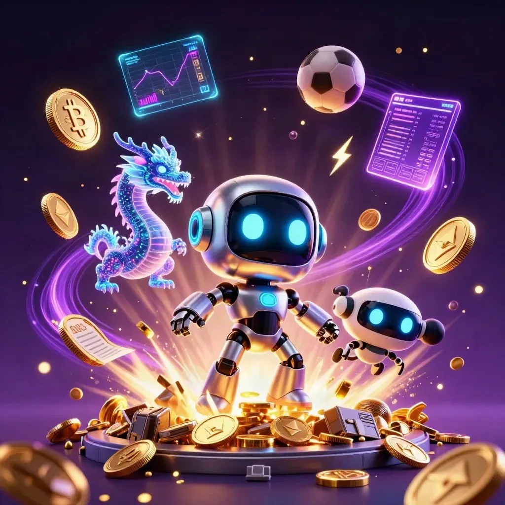 Cyberpunk robot, holographic dragon and coin drone amid crypto coins, vault sparks and neon fireworks.