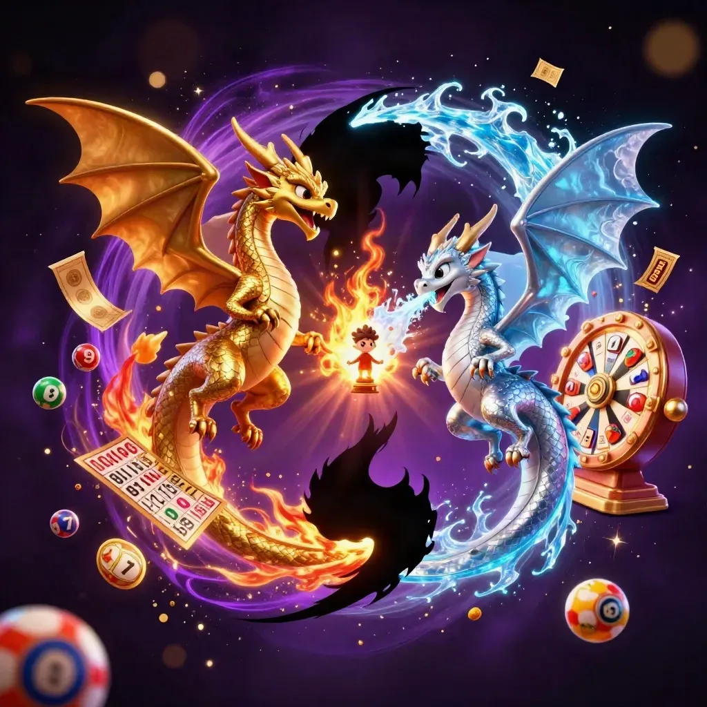 Twin gold and silver dragons with casino effects in a neon cosmic burst