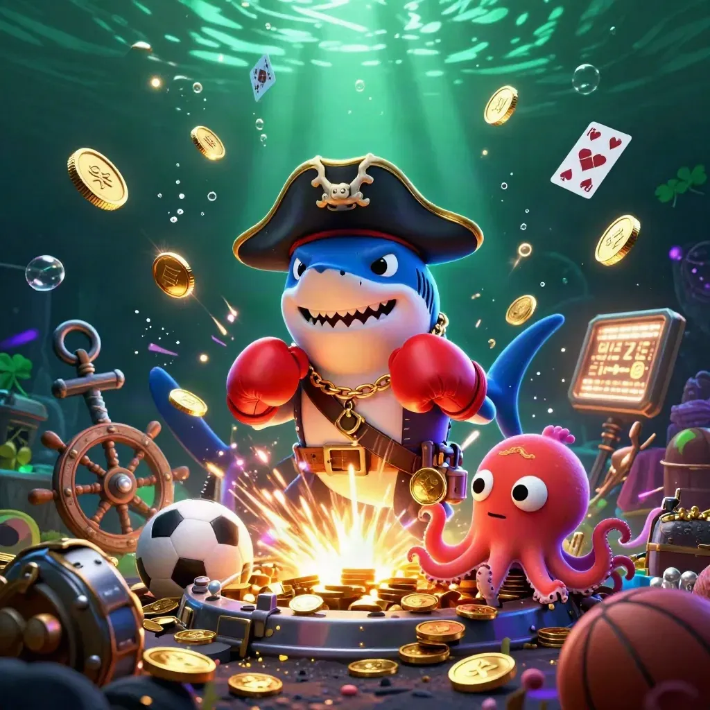 Pirate shark, boxing pufferfish, and coin-juggling octopus amid a glowing treasure burst underwater.