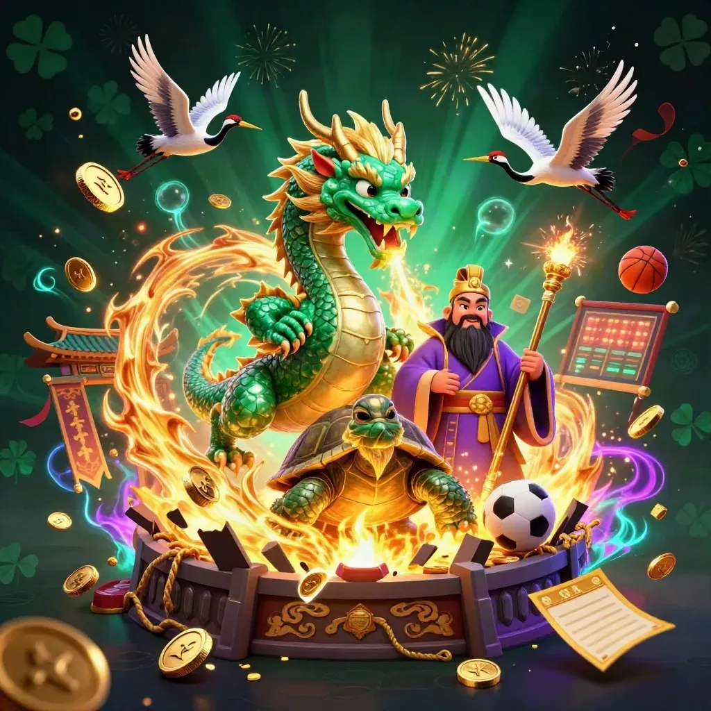 Emerald dragon, turtle sage, and ribboned cranes amid casino treasure, neon fire, and temple glow.