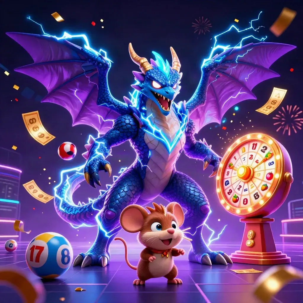 Thunder dragon, hawk, and static mouse amid neon casino effects and spinning game symbols.