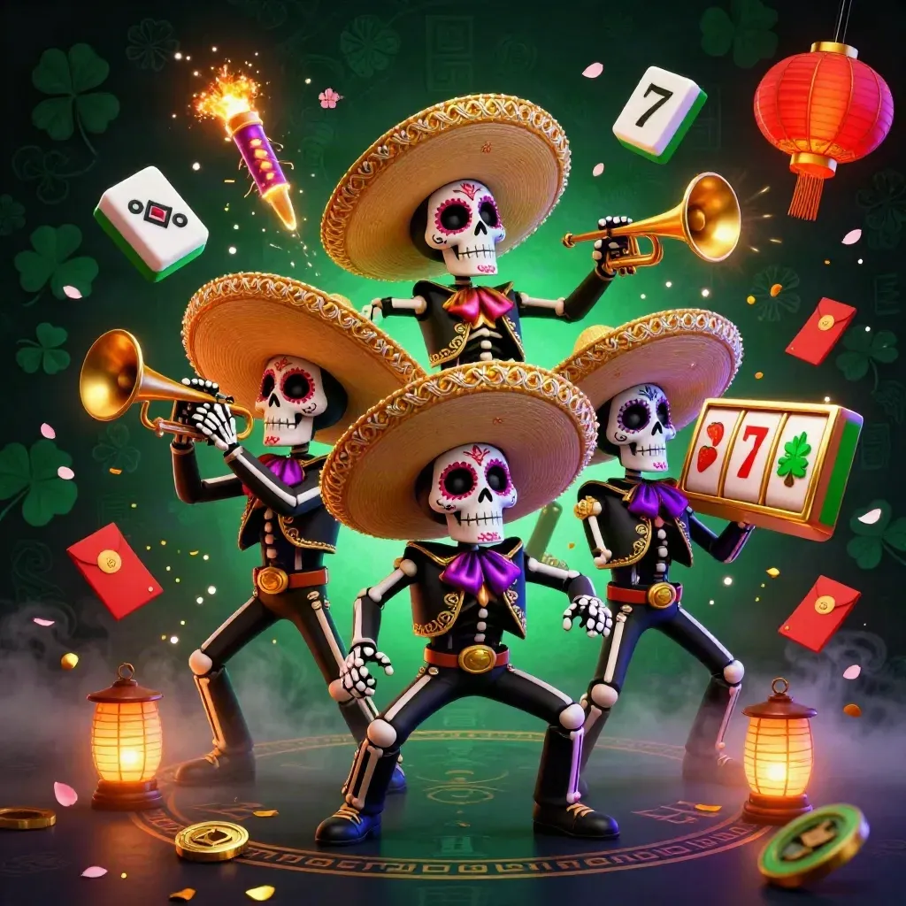 Three neon-lit Day-of-the-Dead mariachi skeletons amid casino icons on a dark emerald backdrop.