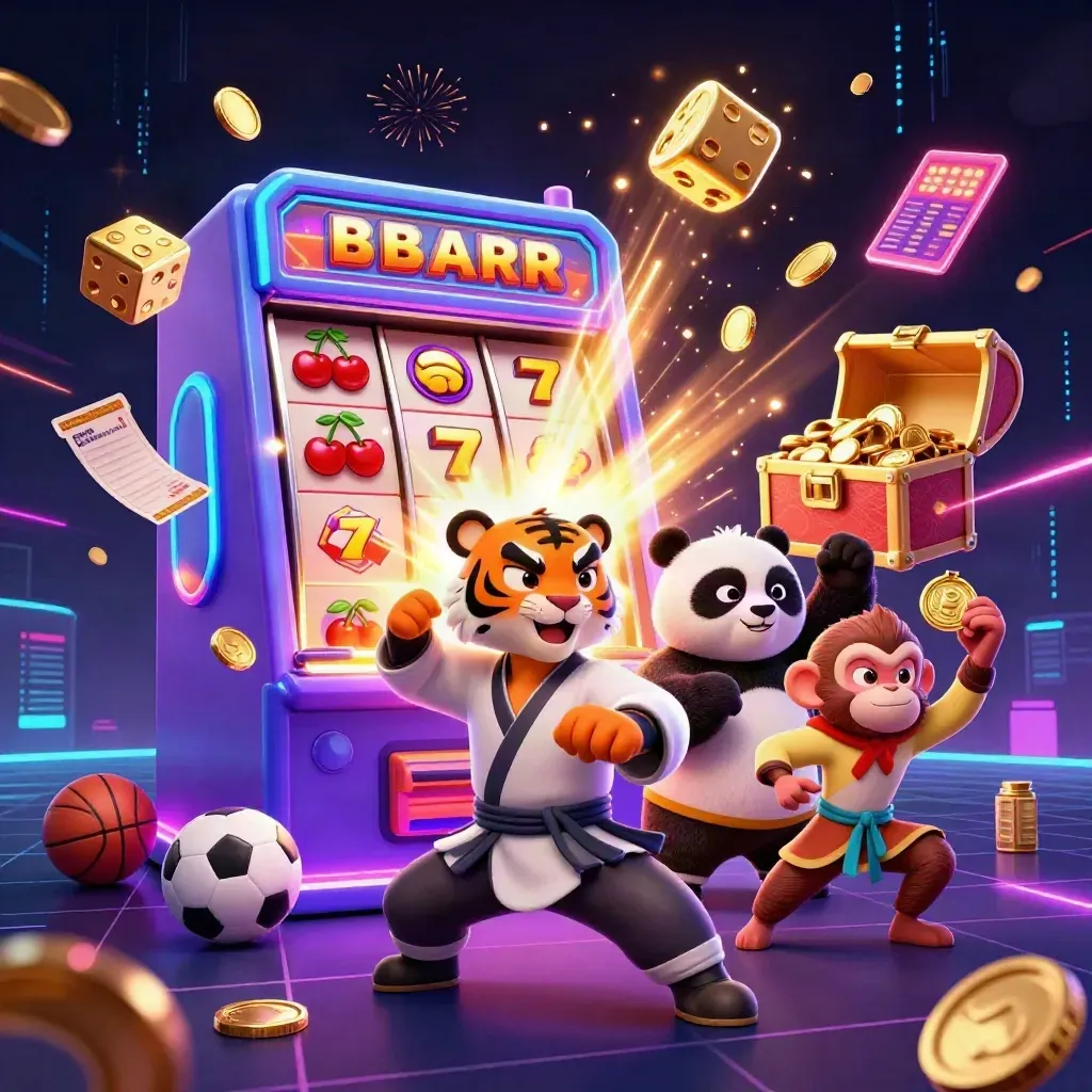 Kung-fu tiger, panda, and monkey amid a jackpot slot blast, gold coins, and neon casino energy.