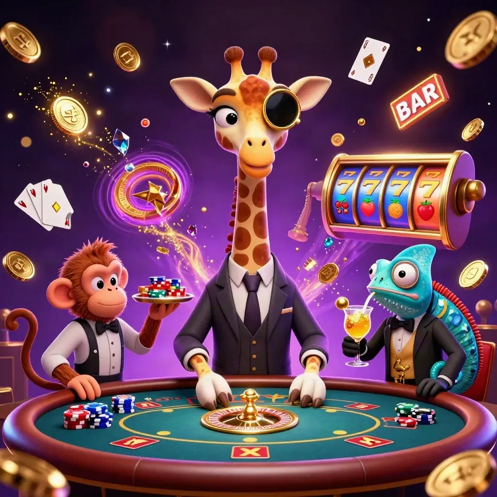 Giraffe in suit, monkey valet and chameleon bartender in a neon casino splash with chips, coins and roulette