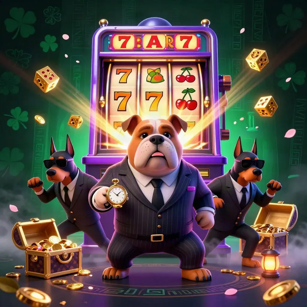 Mafia bulldog and two Dobermans amid exploding slot reels, gold, and neon emerald casino effects