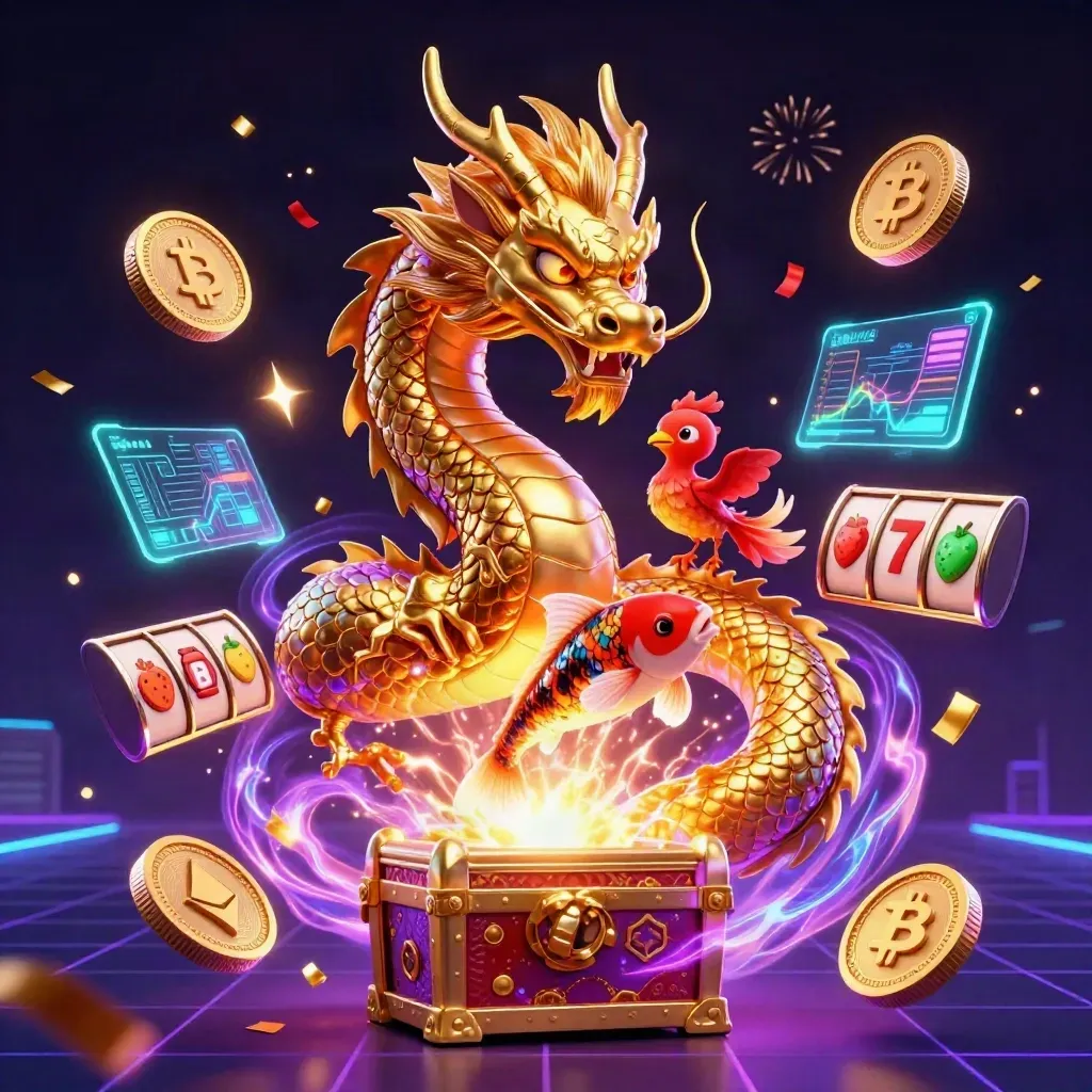Golden dragon with phoenix and koi, treasure chest, crypto coins, neon casino energy on dark cyber backdrop.