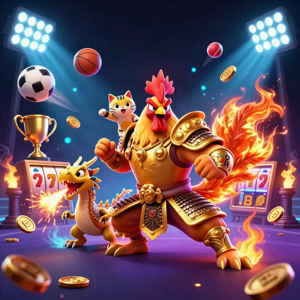 Golden rooster samurai, dragon hatchling, and lucky cat amid neon casino sports chaos