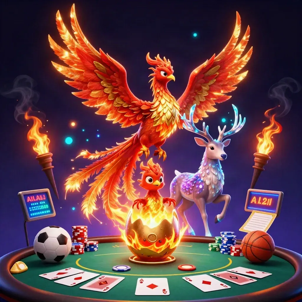 Fire phoenix, baby phoenix, stag, poker chips, cards, and casino rewards in neon cyber-gaming style.