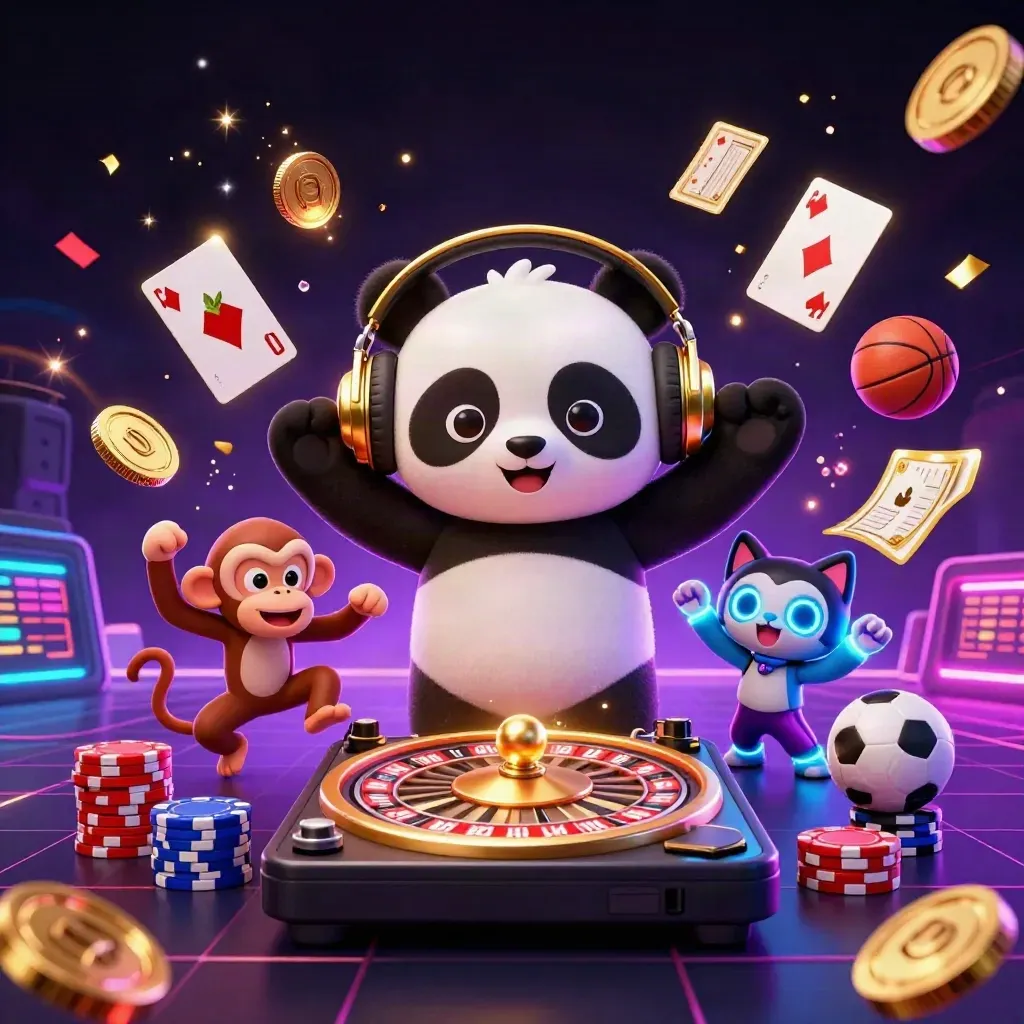 Neon panda DJ, dancing monkey, and rave kitten amid casino loot, chips, cards, and electric effects.