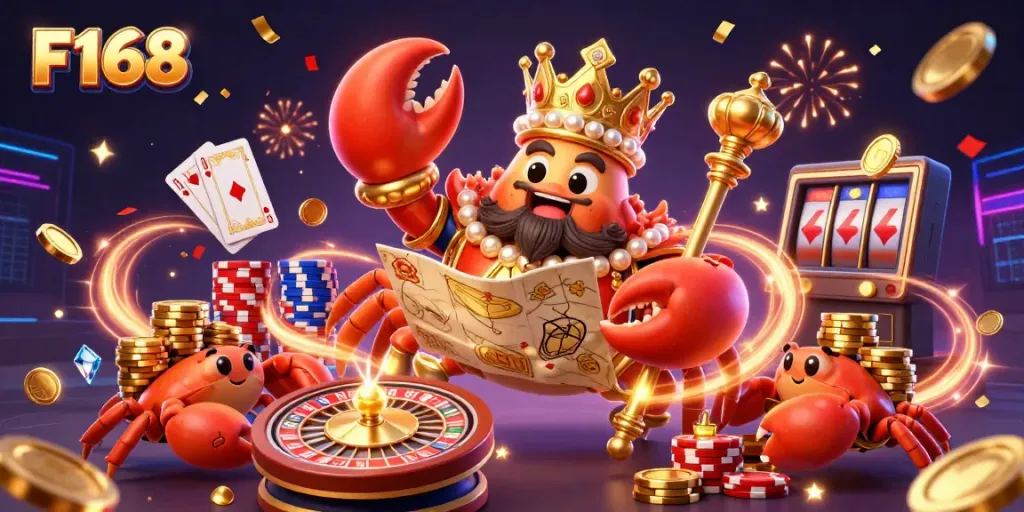 Engage in the thrilling world of F168 with a golden crab emperor among dazzling casino elements.
