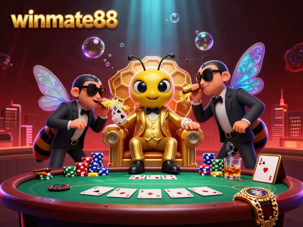 Winmate88 showcases a vibrant 3D scene with a bumblebee mob boss and poker elements.