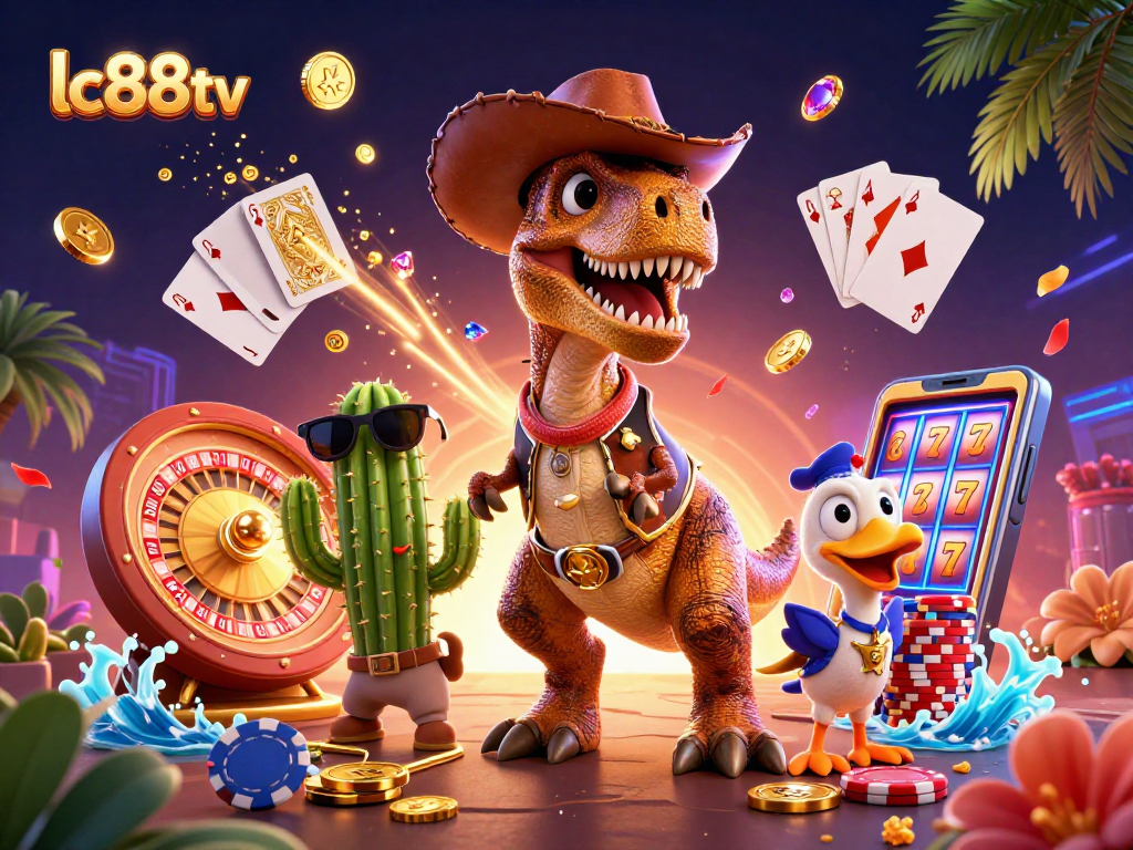 Experience the thrill of gambling at lc88tv with our vibrant casino scene featuring a T-Rex, cactus and roadrunner.