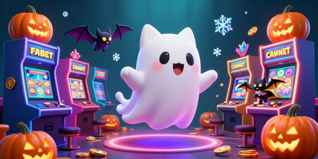 Experience the excitement of FABET with a ghost cat and bat in a vibrant casino scene.