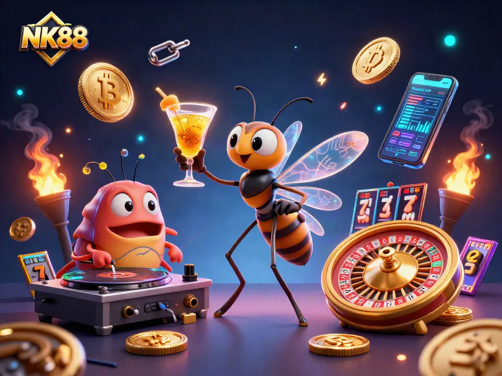 Experience the vibrant energy of NK88 with a 3D casino-themed scene featuring animated characters and slot machines.