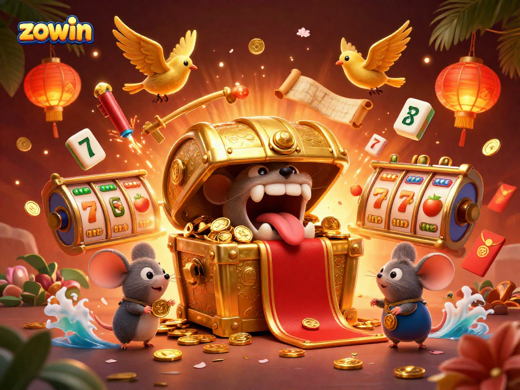 Zowin captivates players with vibrant 3D casino treasures, showcasing slot reels and gold coins.