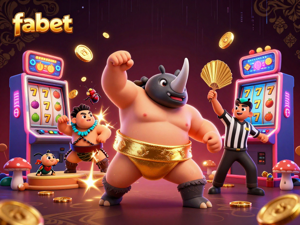 Experience thrilling gameplay with fabet as a rhinoceros beetle sumo champion entertains amidst colorful slots.