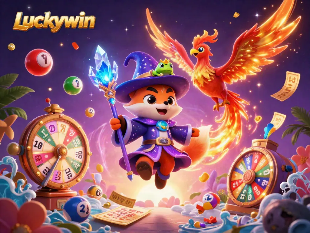 Experience thrilling luck at Luckywin with dynamic casino elements and vibrant magical characters.