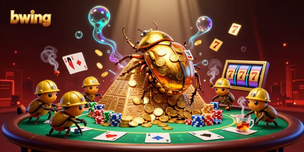Experience the thrilling casino action at bwing, where golden beetles roll coins amidst vibrant gaming elements.