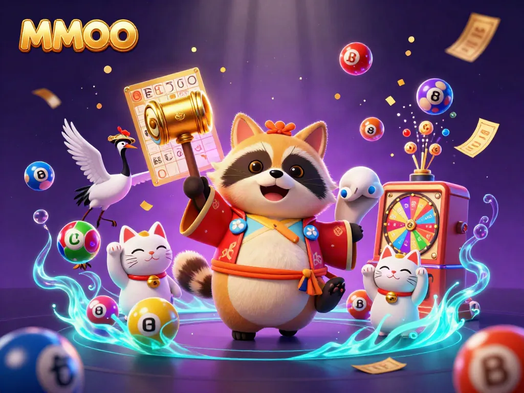 Experience MMOO's lively gameplay with a cheerful raccoon, samurai crane, and fortune cats amidst vibrant casino elements.