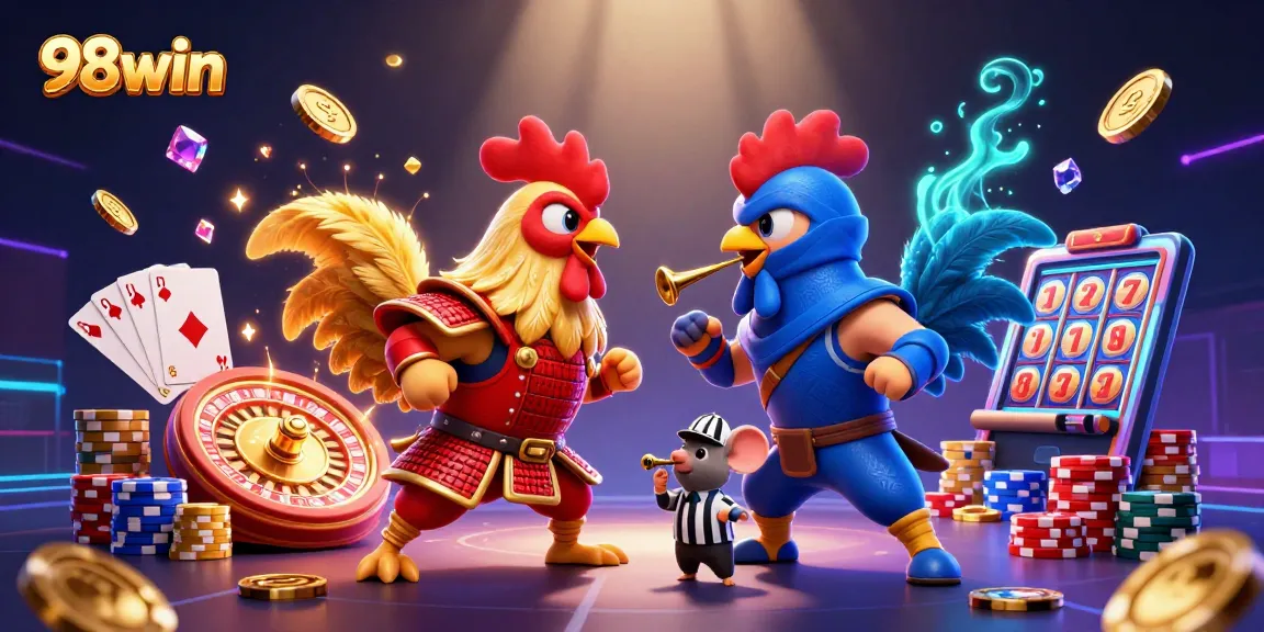 Engage with the exciting 98win gaming scene featuring roosters in a dynamic standoff amidst flying coins.