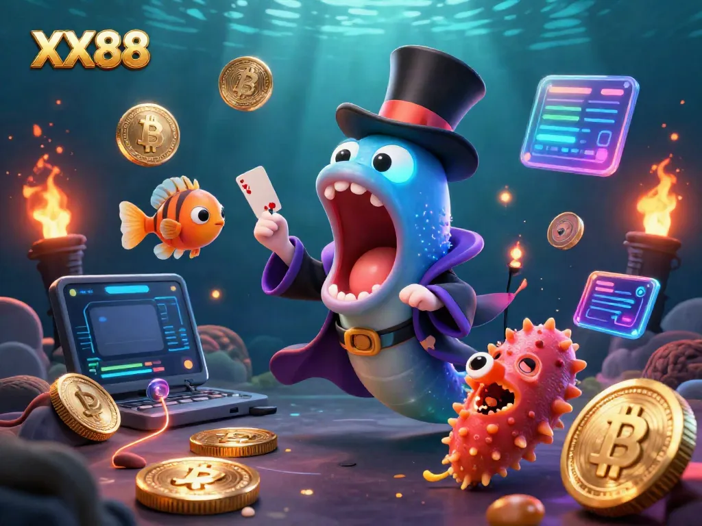 Experience exciting card tricks at XX88's underwater casino with neon cryptocurrency elements.