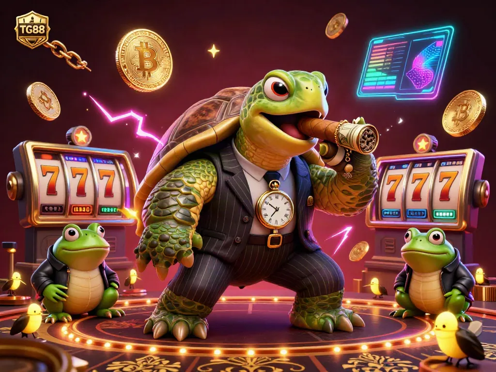 Experience the vibrant TG88 casino scene with a snapping turtle mobster and bullfrog enforcers spinning the slot reels.
